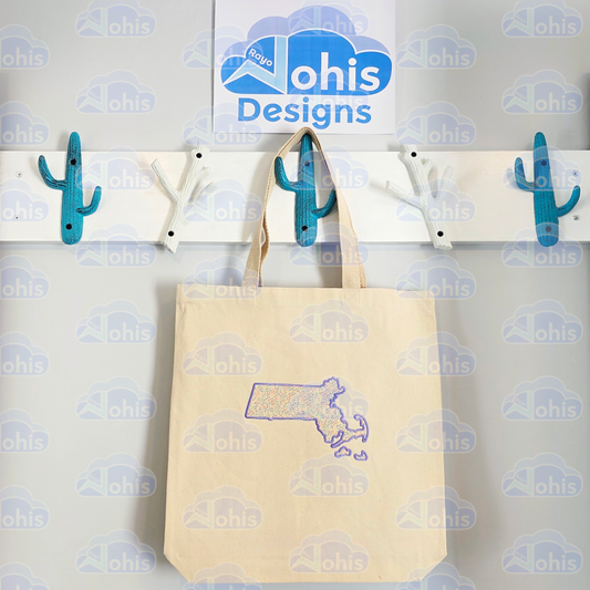 Canvas Tote Bag - MA map in Purple with Rainbow fill