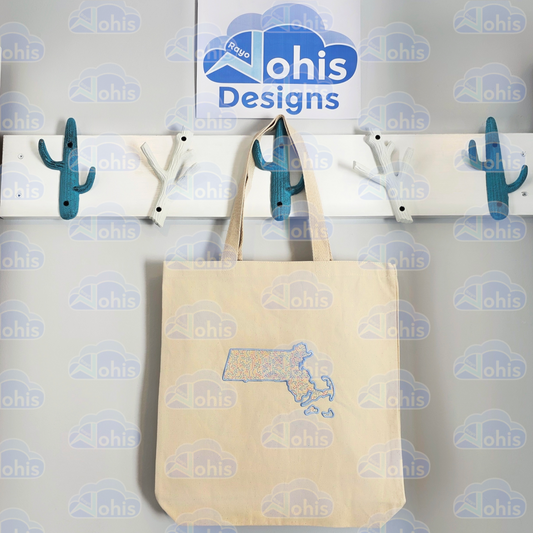 Canvas Tote Bag - MA map in baby Blue with Rainbow Fill