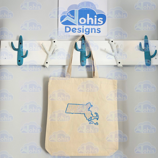 Canvas Tote Bag - MA map in Blue with Rainbow Fill