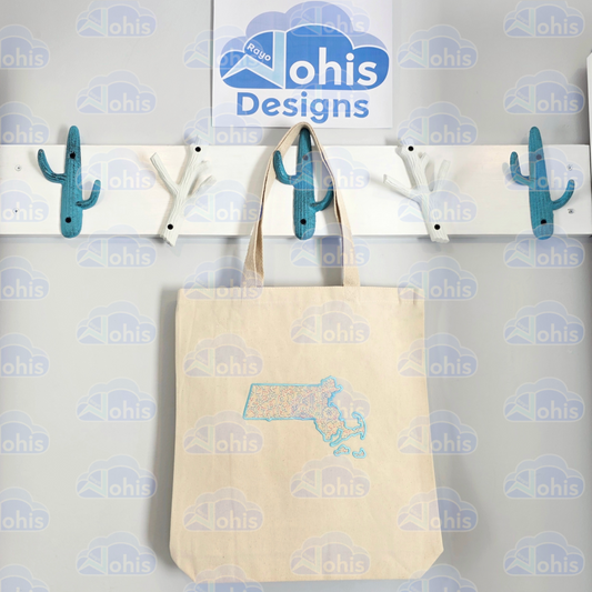 Canvas Tote Bag - MA map in light Aqua with Rainbow Fill