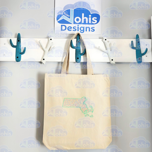 Canvas Tote Bag - MA map in light Green with Rainbow fill